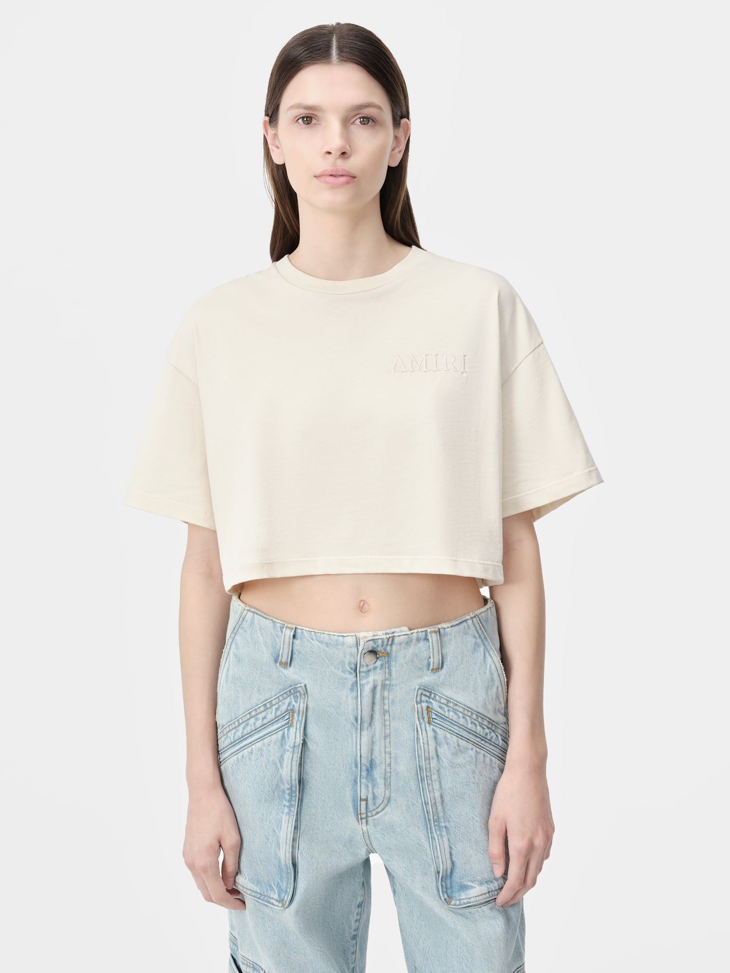 Amiri Embroidered Cropped Tee Tişört Kadın Alabaster | EZS697583