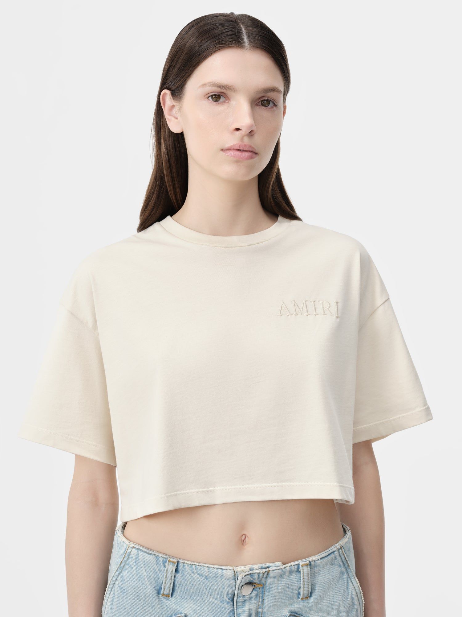 Amiri Embroidered Cropped Tee Tişört Kadın Alabaster | EZS697583